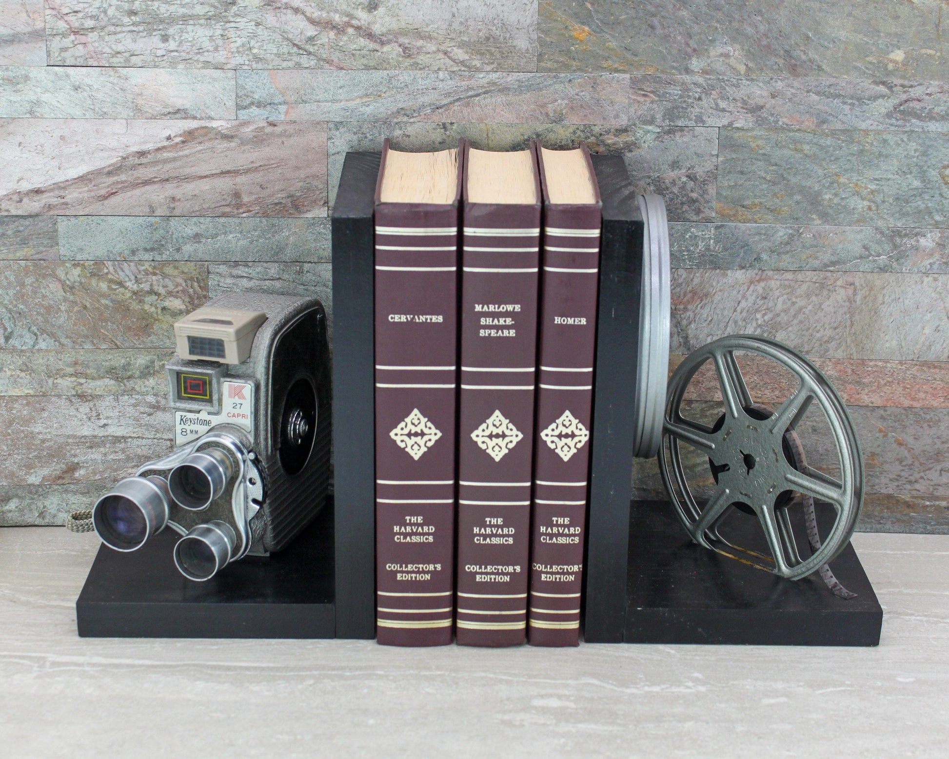 LightAndTimeArt Bookends Wooden Vintage Movie Camera Bookends,  movie room & home theater decoration, Keystone K26/K27 Capri Triple Turret, DVD Holder