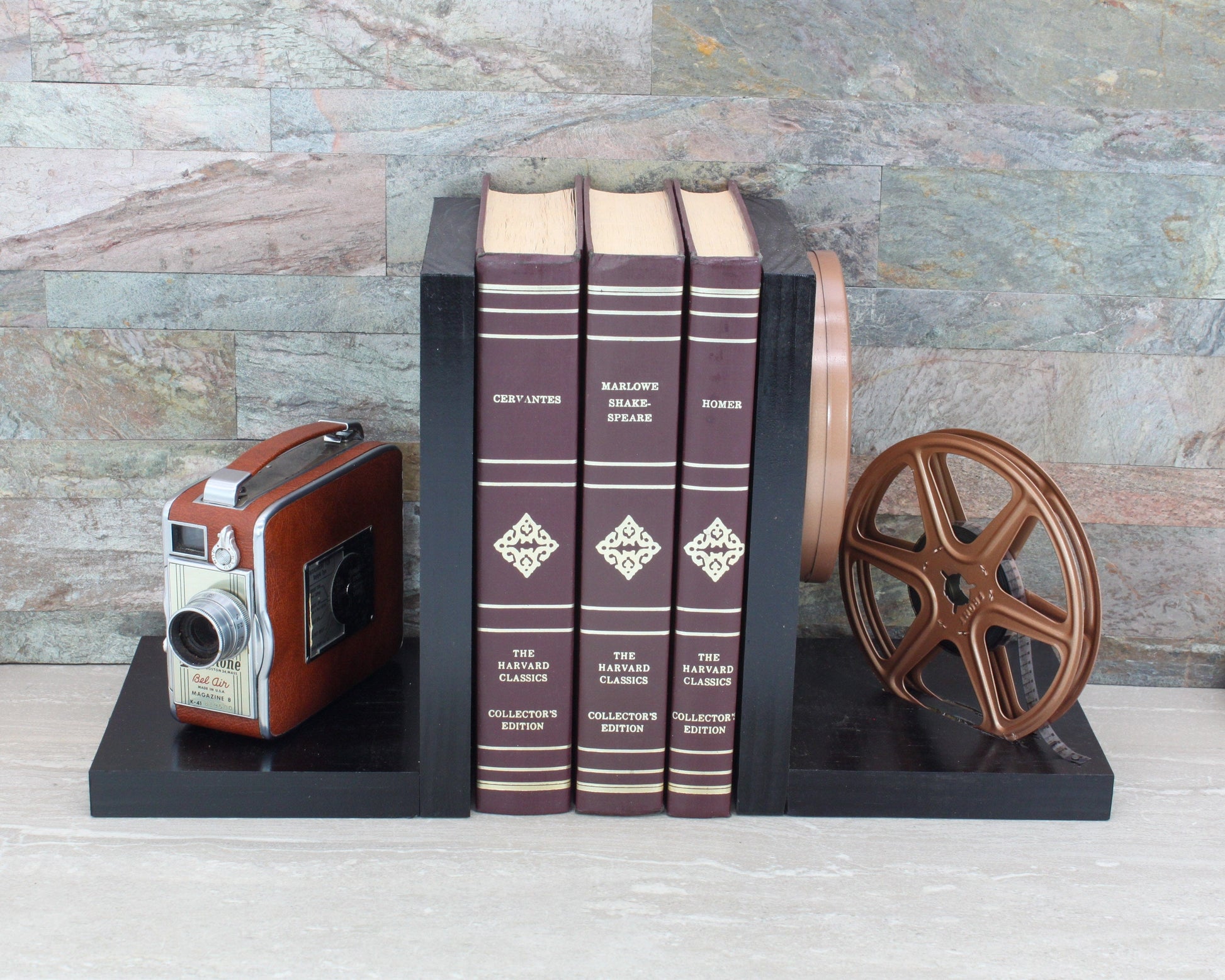 LightAndTimeArt Bookends Vintage Camera Bookends, Coppertone Brown Keystone Olympic, DVD Movie Room & Home Theater Décor, Gift for movie maker actor actress