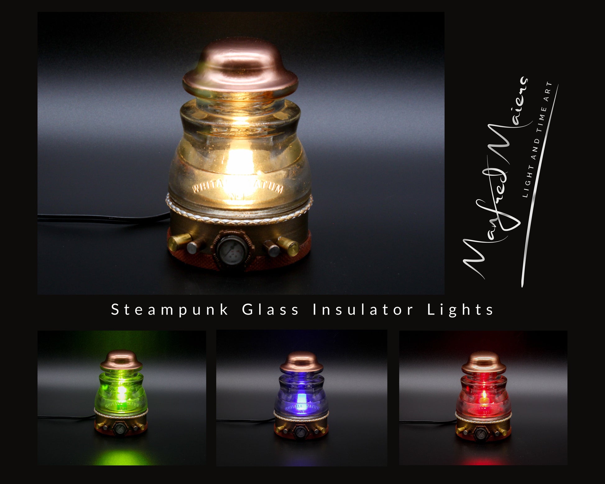 LightAndTimeArt Steampunk Lamp Steampunk Glass Insulator Lamp, Aluminum Base, Tatum No1, Industrial Lighting, Man Cave Deco, Neo Victorian Lamp design, Cyberpunk Lamp