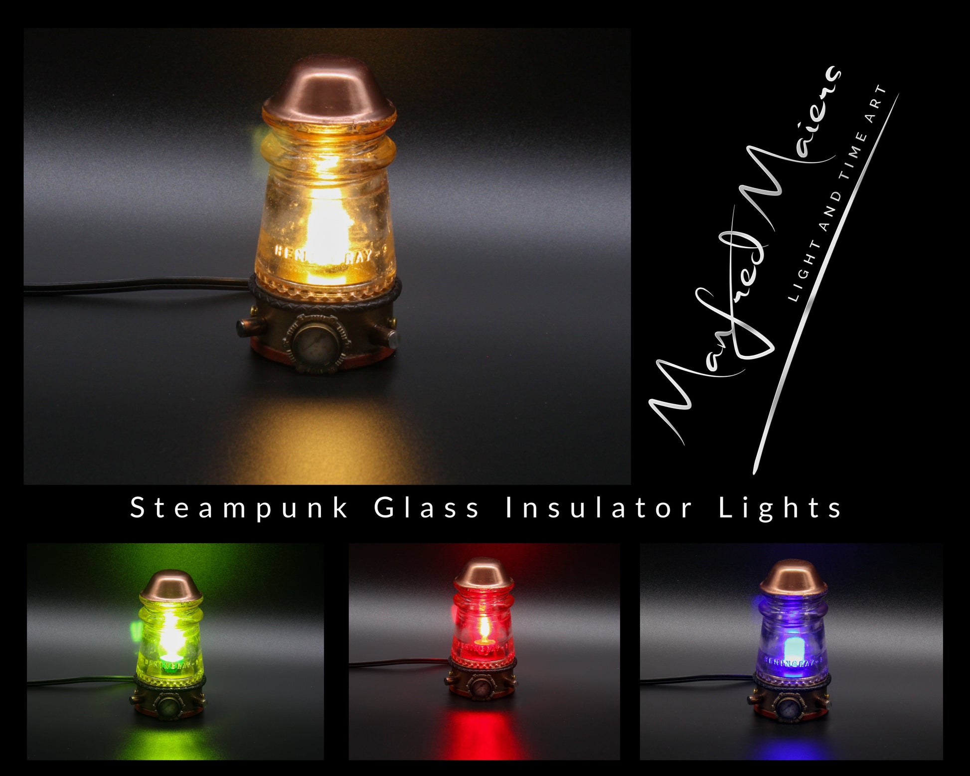LightAndTimeArt Steampunk Lamp Steampunk Glass Insulator Lamp, Aluminum Base, Hemingray-9, Industrial Lighting, Man Cave Deco, Neo Victorian Lamp design, Cyberpunk Lamp