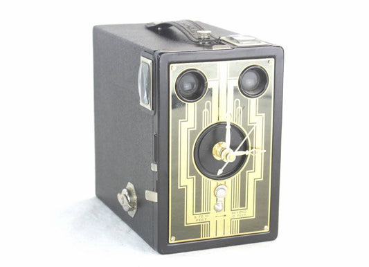 LightAndTimeArt Camera clocks Golden Art Deco Vintage Brownie Target Six-16 Camera Clock,  upcycled, reuse, desk clock, office, fire mantel, antique tabletop clock