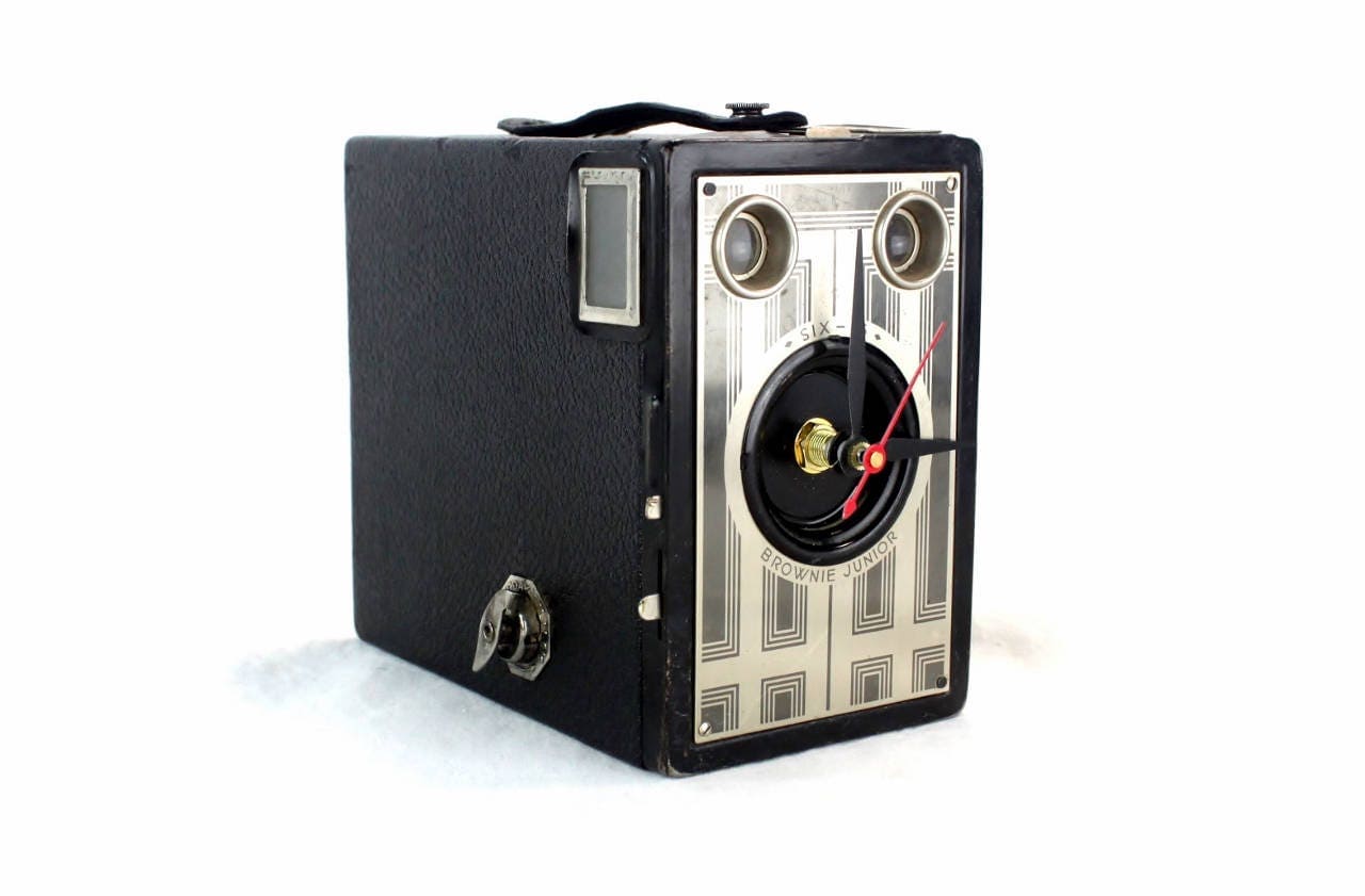 LightAndTimeArt Camera clocks Art Deco Vintage Brownie Junior Six-16 Camera Clock, upcycled, reuse, analog time, desk clock, office, fire mantel, antique tabletop clock