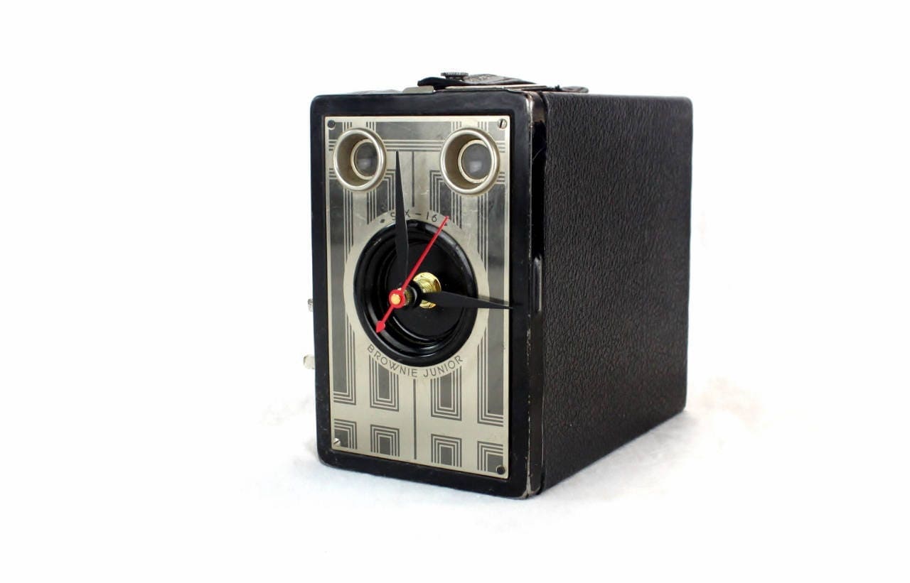 LightAndTimeArt Camera clocks Art Deco Vintage Brownie Junior Six-16 Camera Clock, upcycled, reuse, analog time, desk clock, office, fire mantel, antique tabletop clock