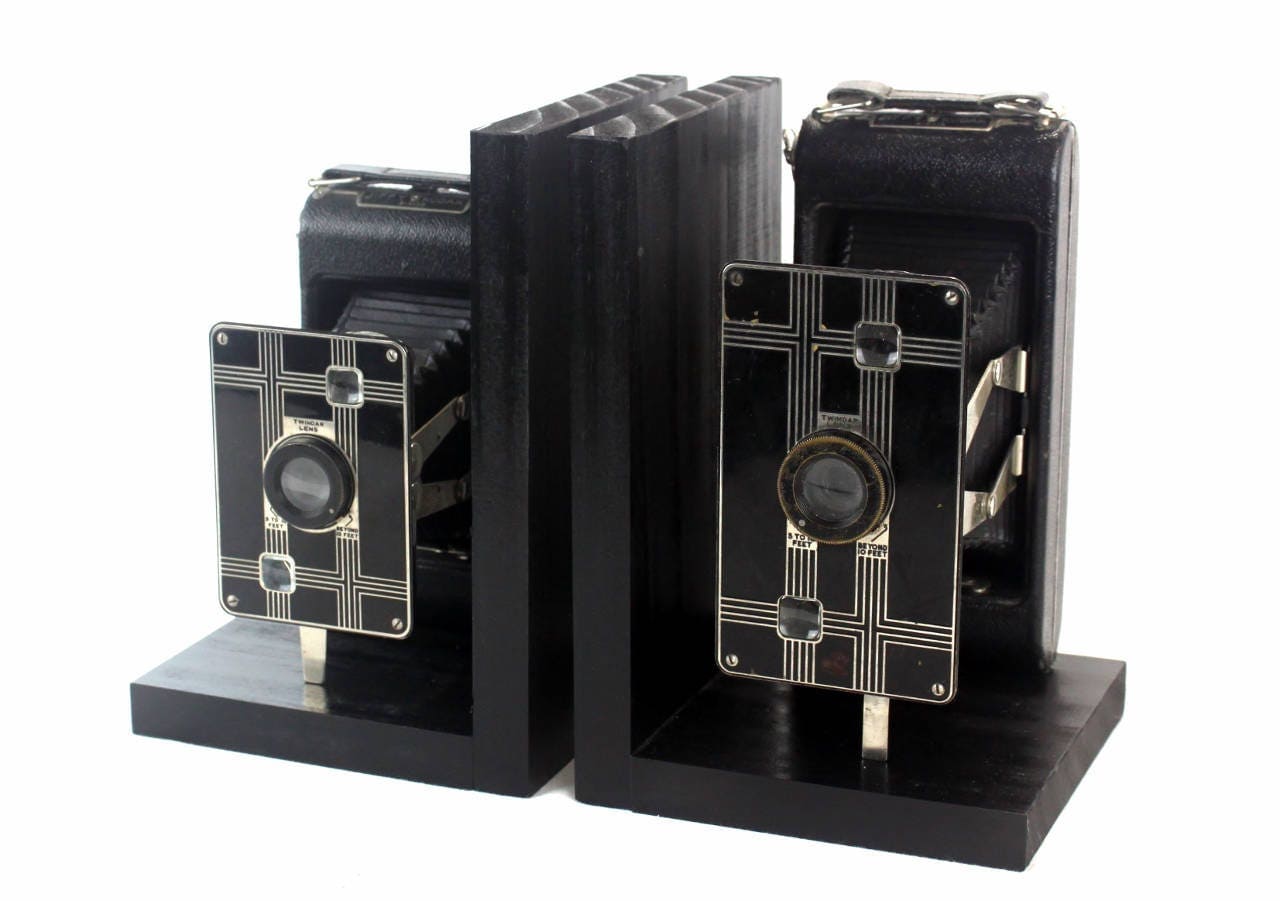 LightAndTimeArt Bookends Vintage Art Deco Camera Bookends, Kodak Jiffy Six-16 - Six-20, DVD Holder, Movie Room Décor, Book Lover, Vintage photographer Gift