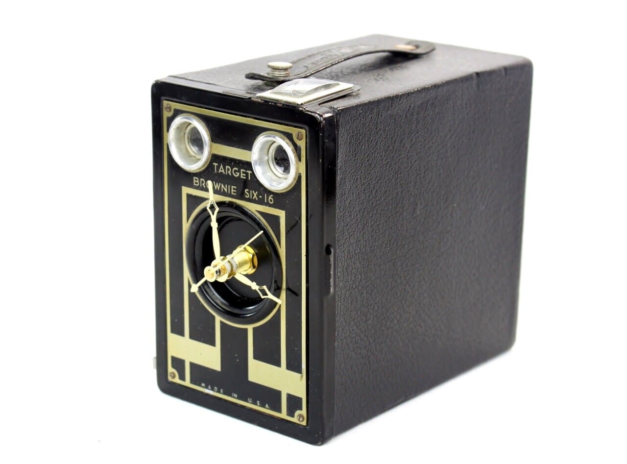 LightAndTimeArt Camera clocks Golden Art Deco Vintage Brownie Target Six-16 Camera Clock, upcycled, reuse, desk clock, office, fire mantel, antique tabletop clock