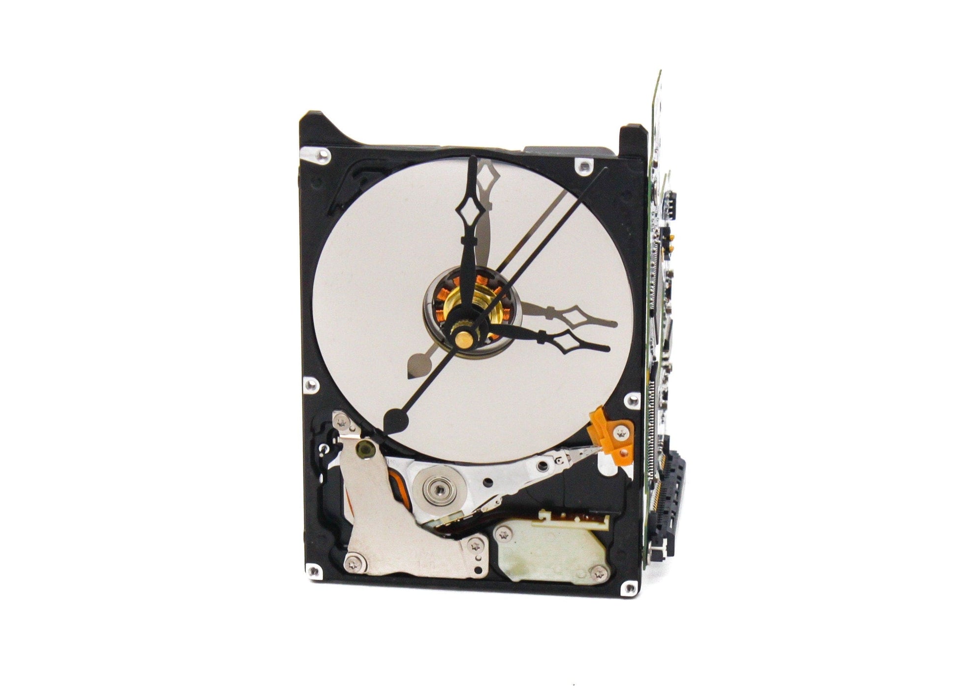LightAndTimeArt Harddrive Clock Mini-Me Upcycled Black & Silver Hard Drive Clock and Circuit Board stand - Modern Desk Clock - Gift for geeks - gift for IT