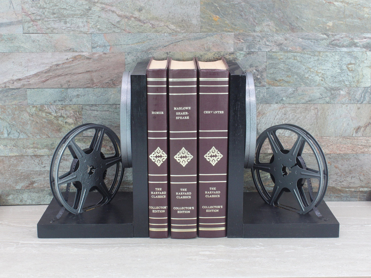 LightAndTimeArt Bookends Vintage 8mm Film Reel Bookends, DVD Holder, Movie Room - Home Theater Decor, Movie Maker Director & Actor Gift, Handmade in USA