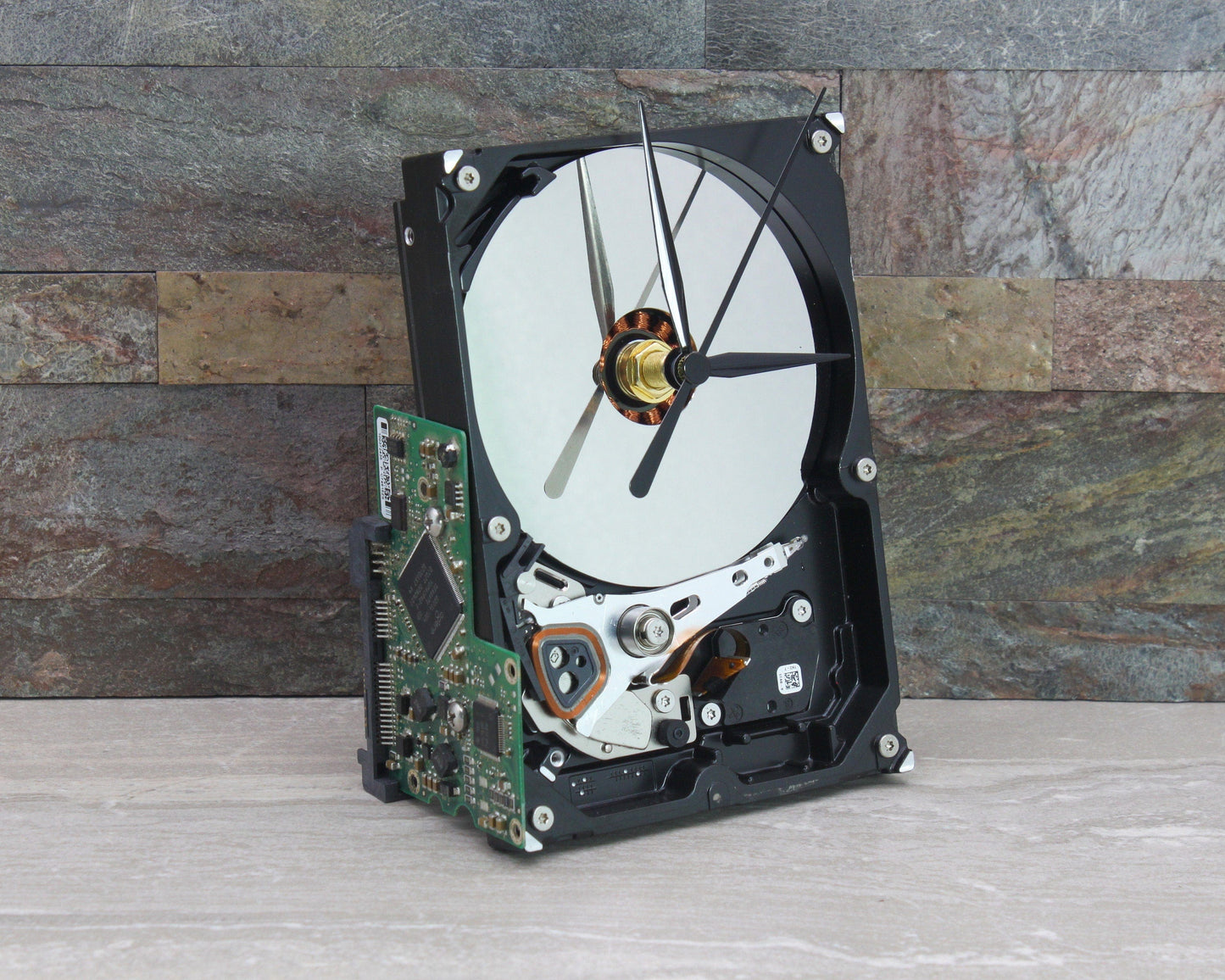 LightAndTimeArt Harddrive Clock Upcycled Black & Silver Open Center Hard Drive Clock - Modern Desk Clock - Gift for geeks, nerds, office, new job gift, industrial IT design