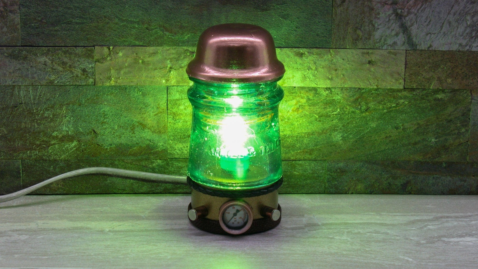 LightAndTimeArt Steampunk Lamp Steampunk Turquoise Glass Insulator Lamp, Aluminum Base, Industrial Lighting, Man Cave Deco, Neo Victorian Cyberpunk Lamp