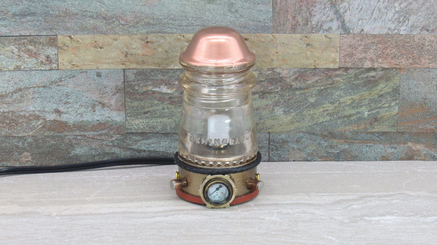 LightAndTimeArt Steampunk Lamp Steampunk Glass Insulator Lamp, Aluminum Base, Hemingray-9, Industrial Lighting, Man Cave Deco, Neo Victorian Lamp design, Cyberpunk Lamp