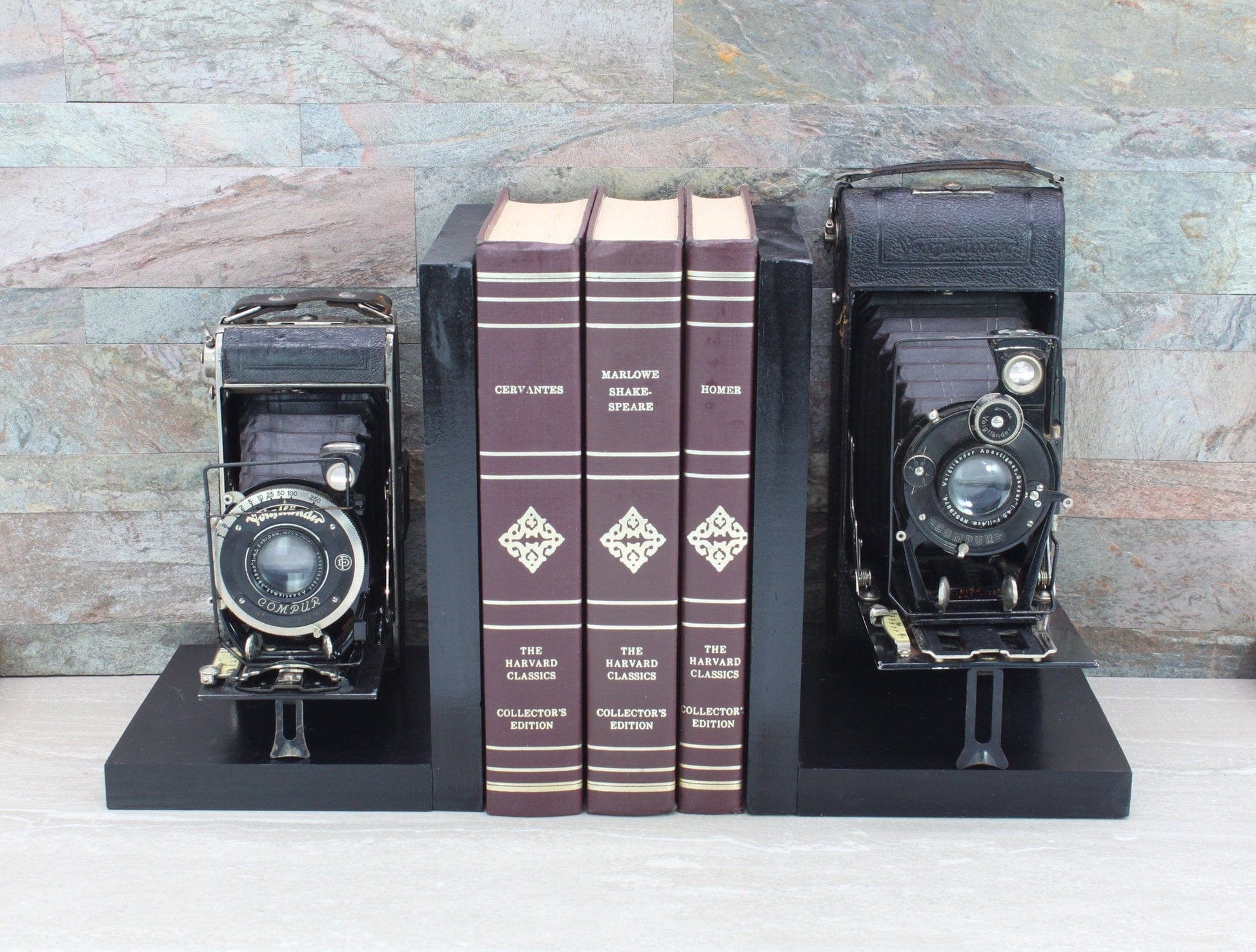 LightAndTimeArt Bookends Antique Decorative Wood Camera Bookends, Vintage Voigtländer Inos Folding Cameras, DVD Holder, Movie Room Decor, Photographer gift