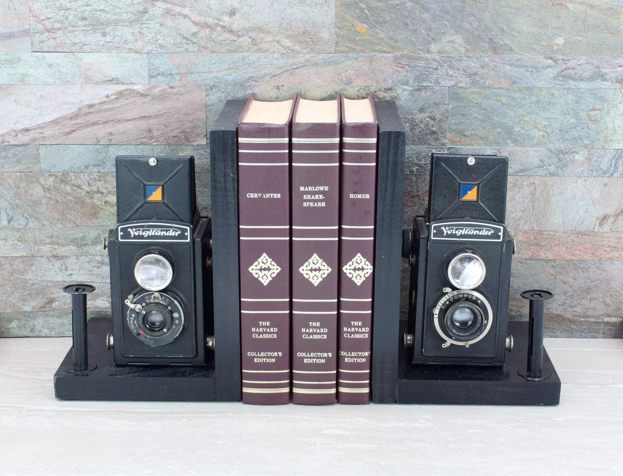 Antique Decorative Wood Camera Bookends, Vintage Voigtländer Brillant ...