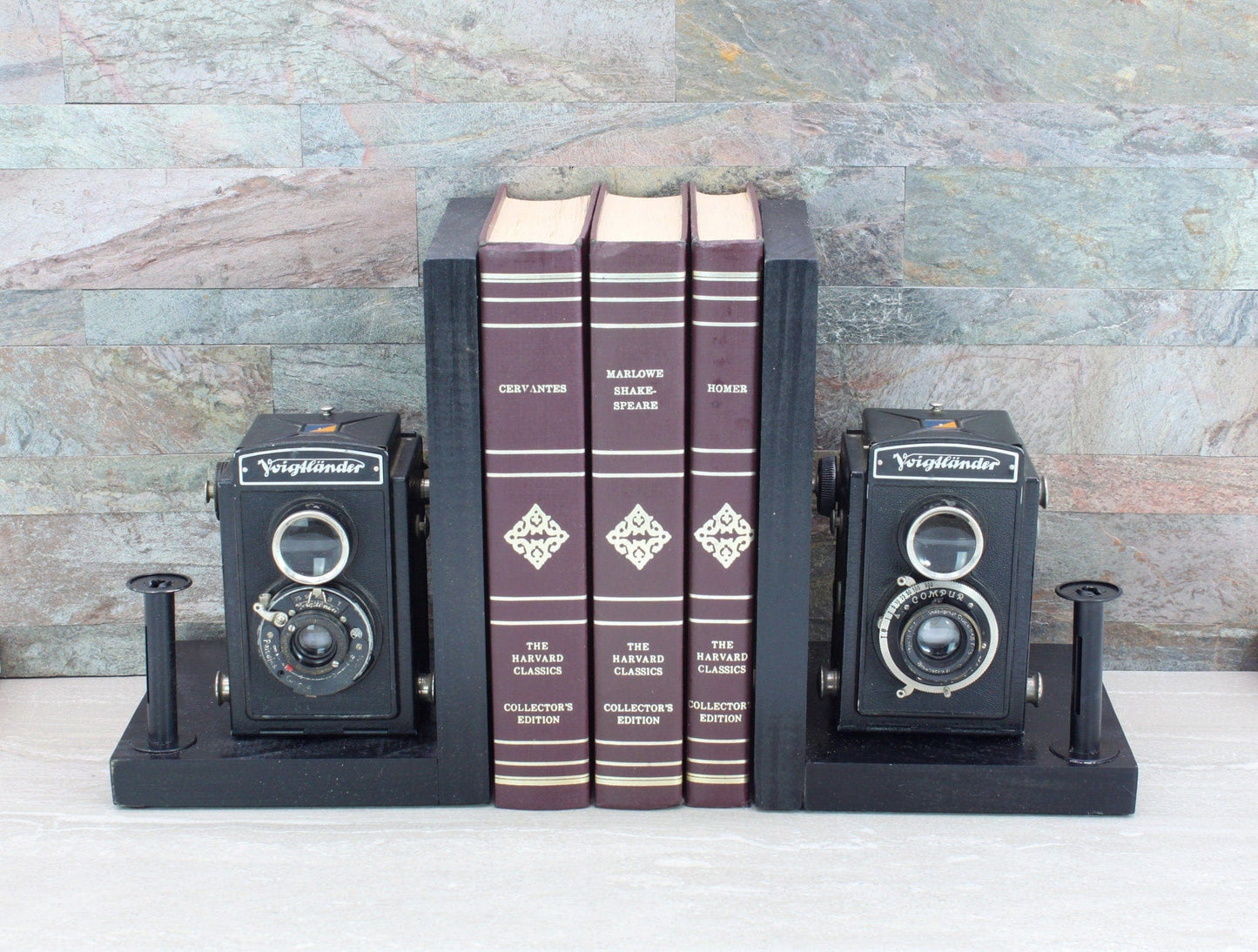 LightAndTimeArt Bookends Antique Decorative Wood Camera Bookends, Vintage Voigtländer Brillant Cameras, DVD Holder, Movie Room Decor, Photographer gift