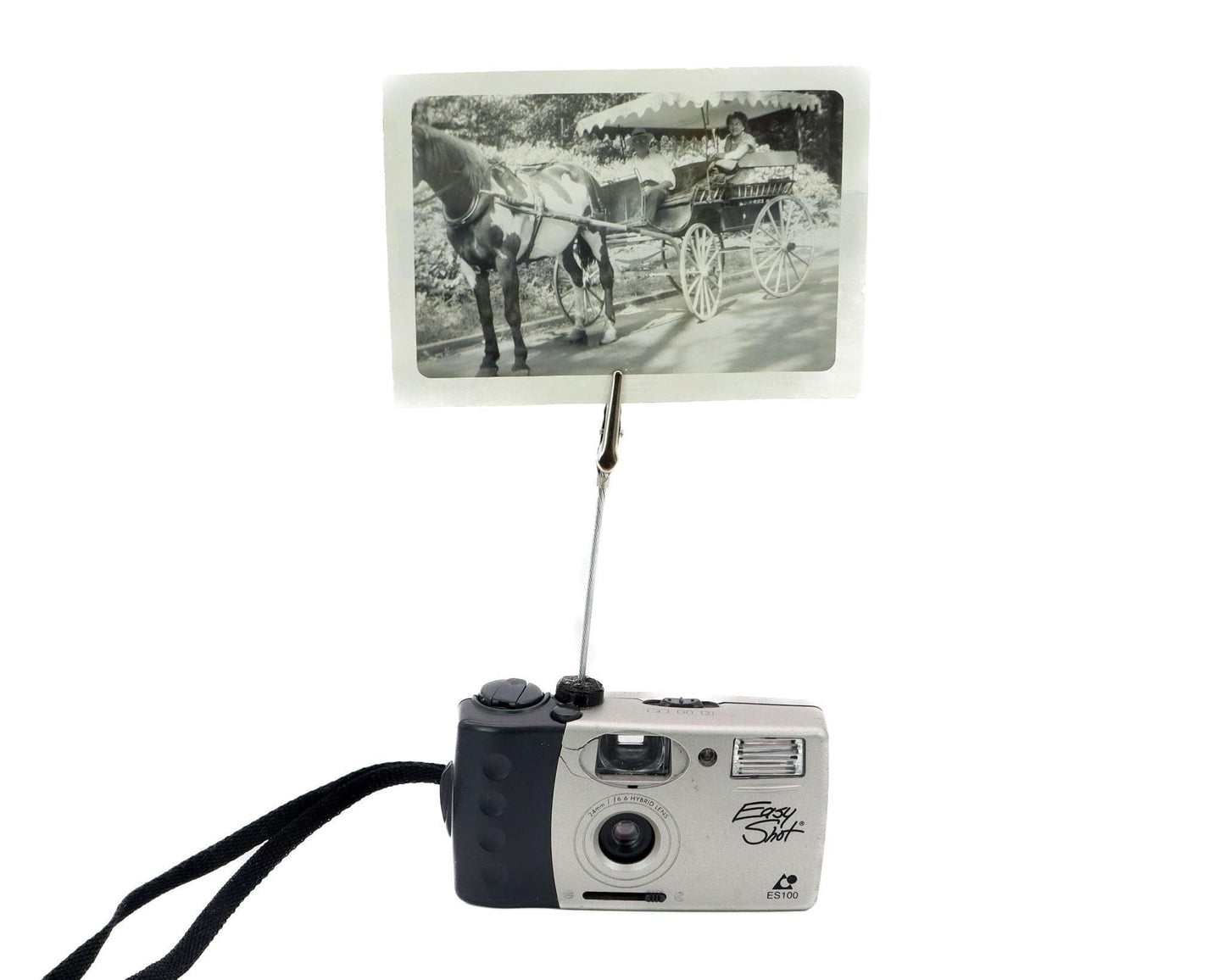 LightAndTimeArt Photo Holder Vintage Upcycled Camera Photo Holder - Silver Easy Shot 35mm Camera - Wedding Name Card Holder, Photo Stand for Instax Film