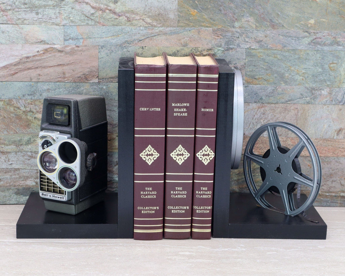 LightAndTimeArt Bookends Vintage Movie Camera Bookends, Bell and Howell, DVD Holder, Home Theater & Movie Room Décor, Eco-friendly Book and Vintage Lover gift