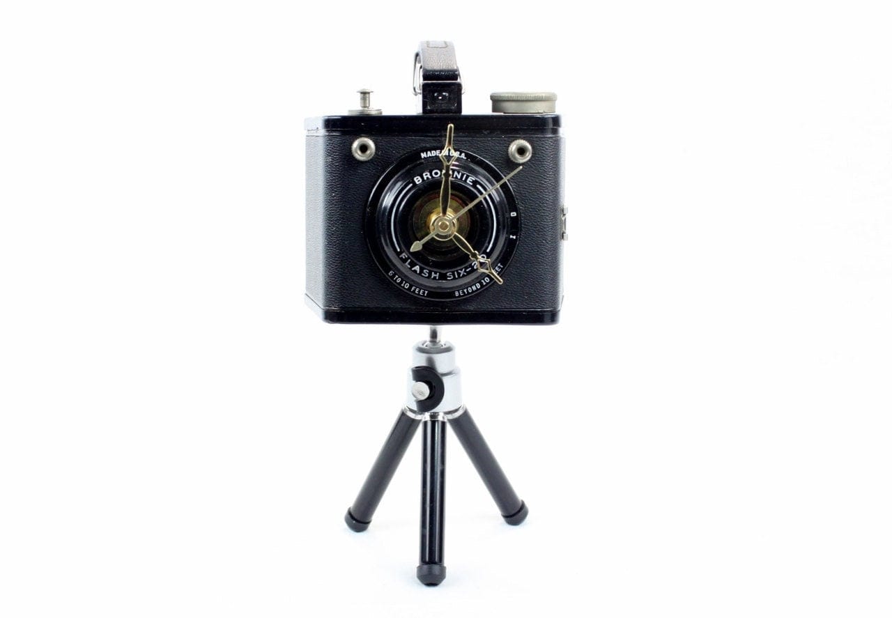 LightAndTimeArt Camera clocks Vintage Tripod Desk Clock - Brownie Flash Six-20/16 Golden Hands - Repurposed Vintage Camera