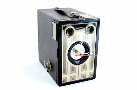 LightAndTimeArt Camera clocks Art Deco Vintage Brownie Target Six-16 Camera Clock, upcycled, reuse, desk clock, office, fire mantel, antique tabletop clock