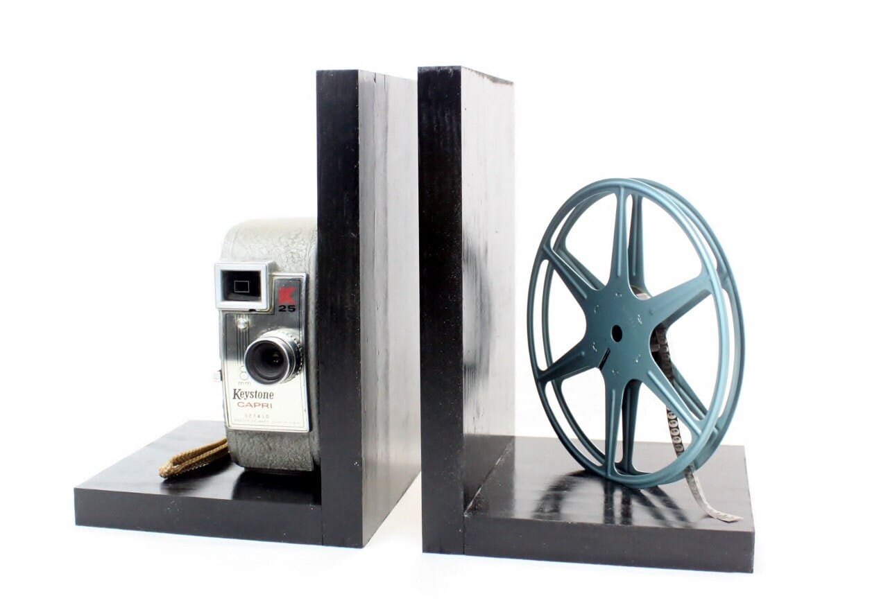 LightAndTimeArt Bookends Vintage Camera Bookends,DVD Holder, Keystone Capri, eco-friendly home theater & Movie Room décor, Film Artifacts, gift for actor and actress