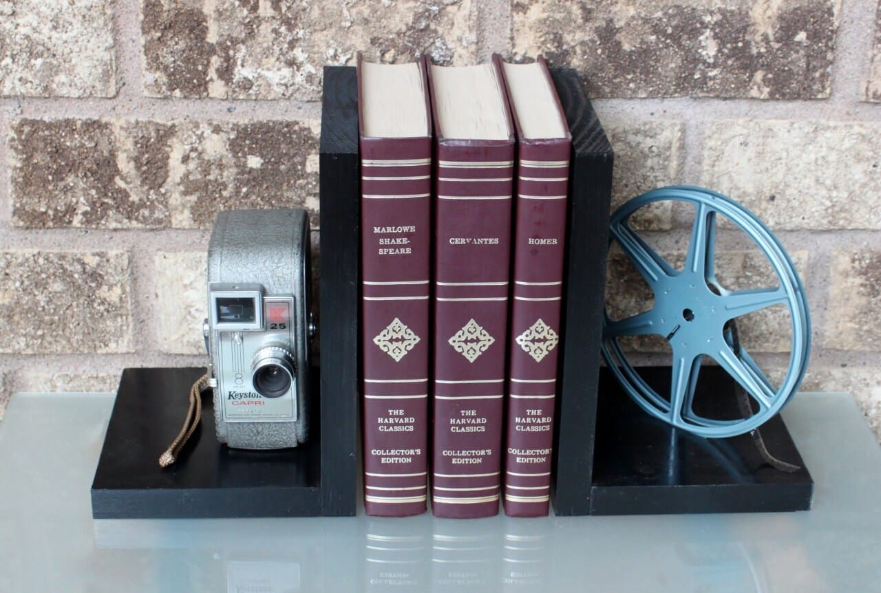 LightAndTimeArt Bookends Vintage Camera Bookends,DVD Holder, Keystone Capri, eco-friendly home theater & Movie Room décor, Film Artifacts, gift for actor and actress
